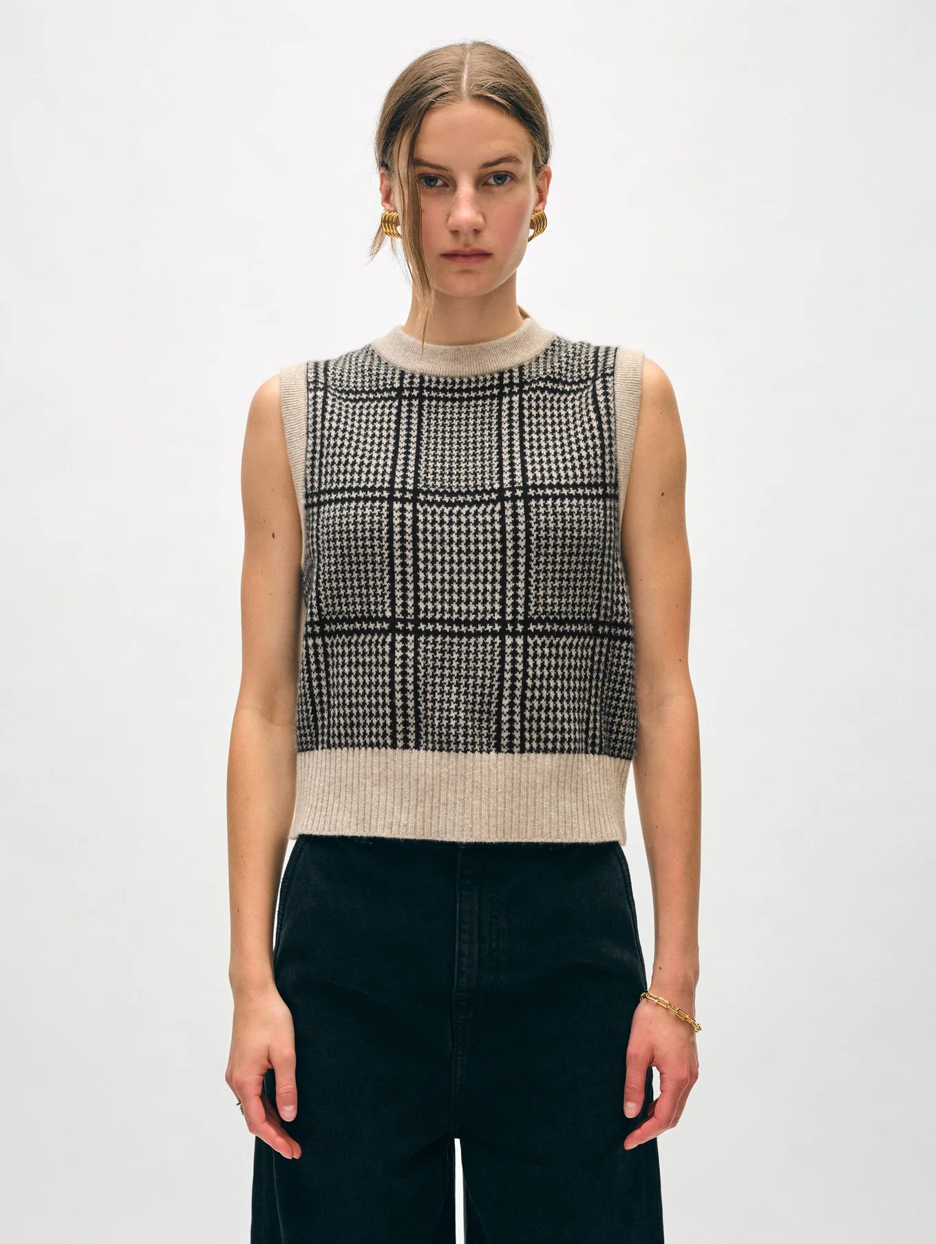 White + Warren Cashmere Brushed Houndstooth Shell - Sandwisp/Black