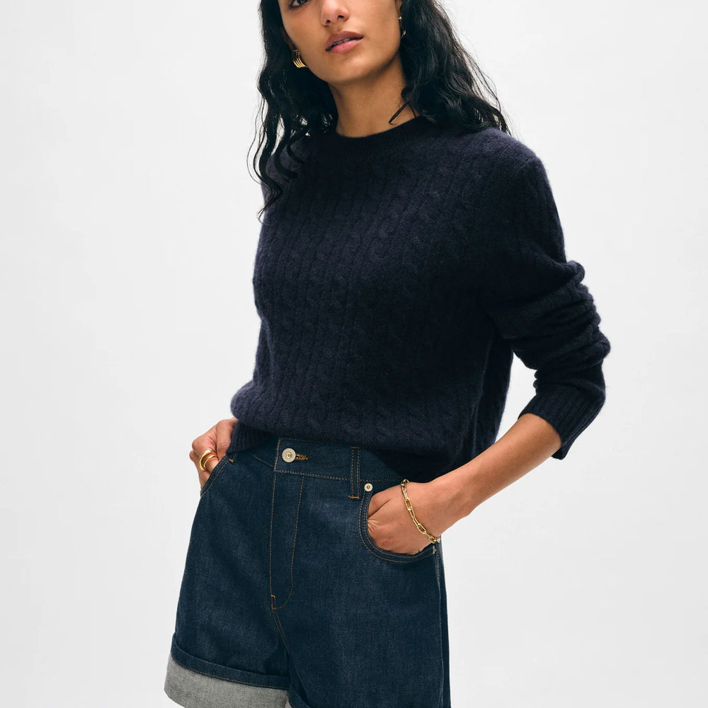 The Deep Navy Cashmere Cable Crewneck by White + Warren