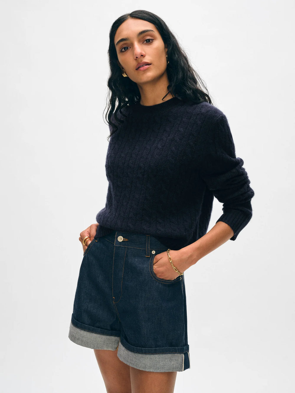 The Deep Navy Cashmere Cable Crewneck by White + Warren