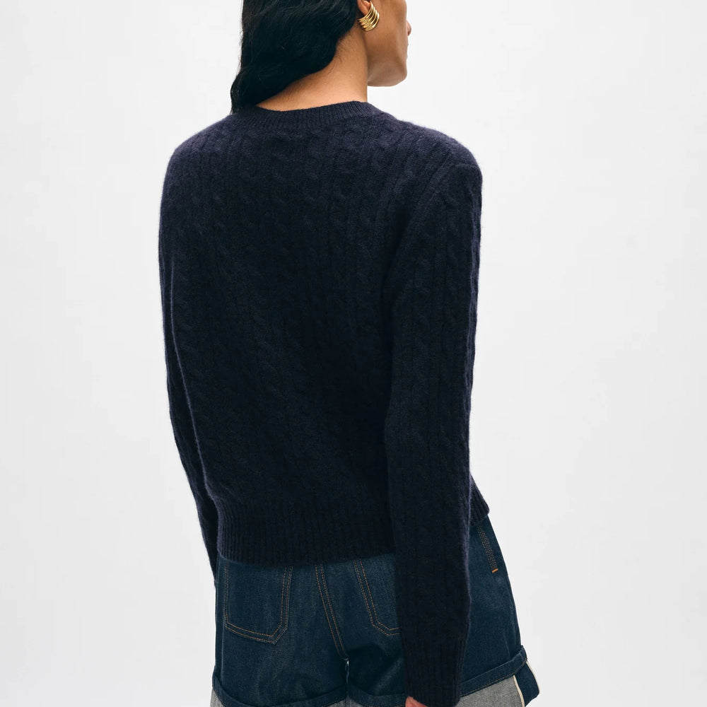 Back view of the Deep Navy Cashmere Cable Crewneck by White + Warren