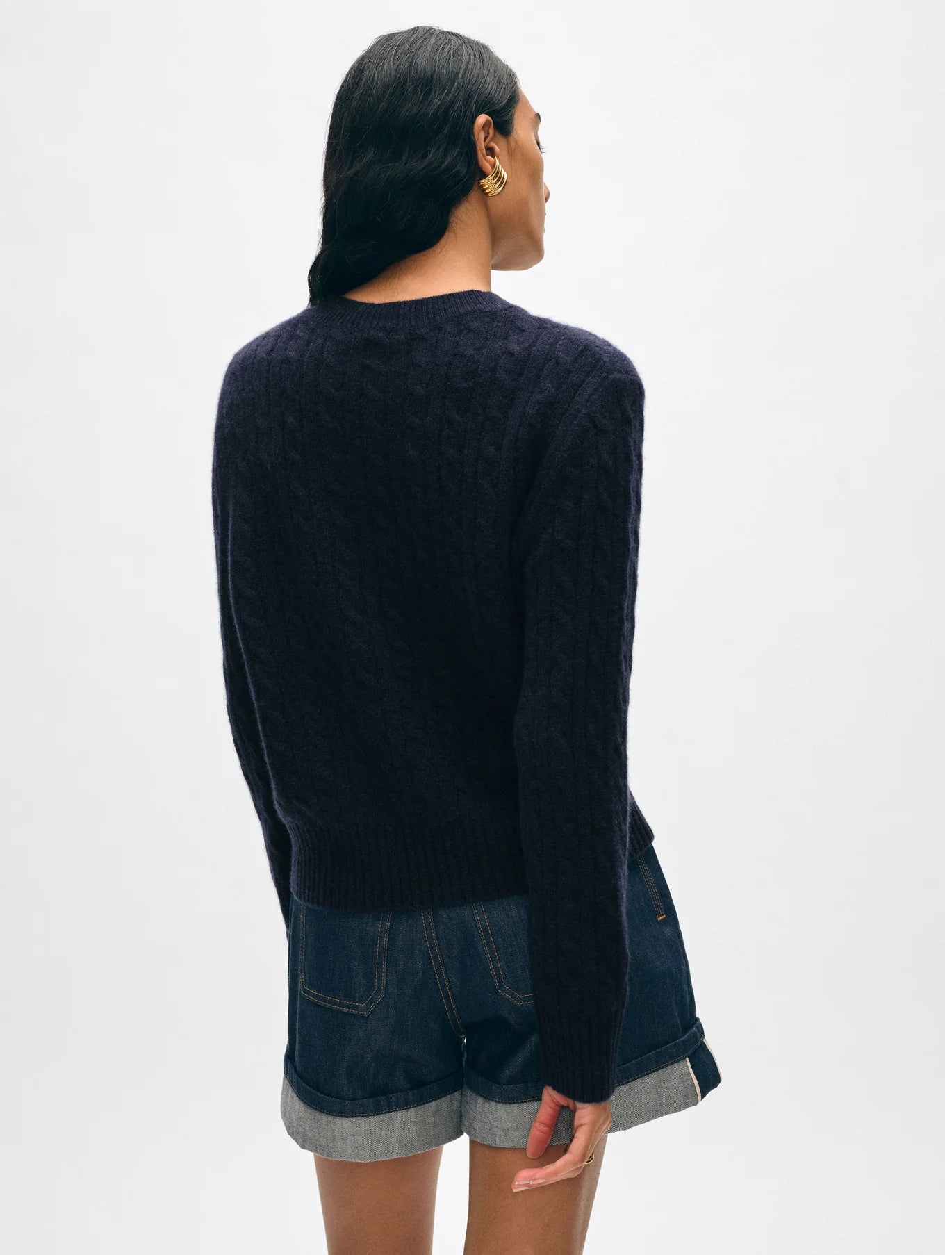 Back view of the Deep Navy Cashmere Cable Crewneck by White + Warren