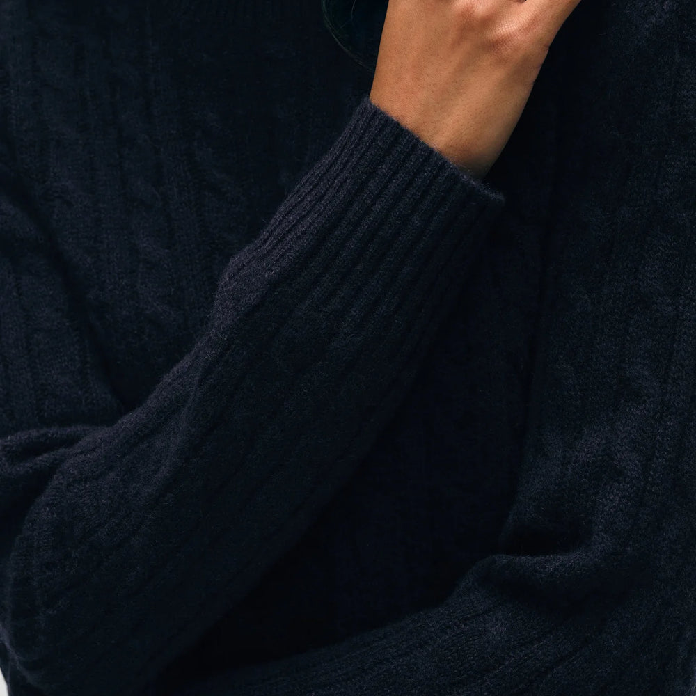 
                      
                        Design detail on the Deep Navy Cashmere Cable Crewneck by White + Warren
                      
                    