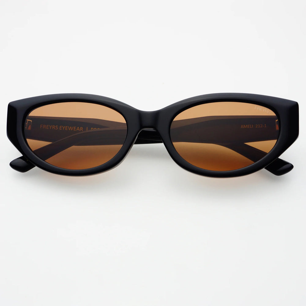 Black sunglasses with brown lenses on a white background