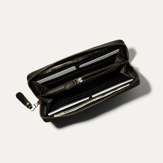 Open view of the Will Leather Goods Zip Around Clutch in Black