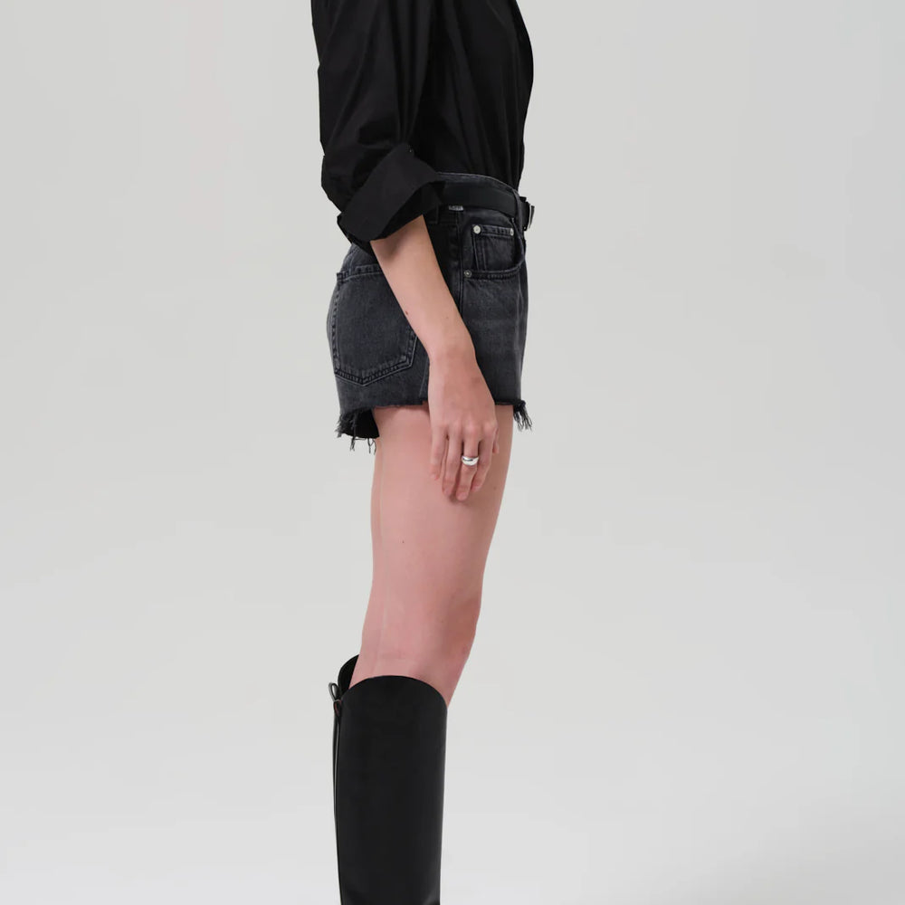 
                      
                        Women's black denim raw hem shorts 
                      
                    