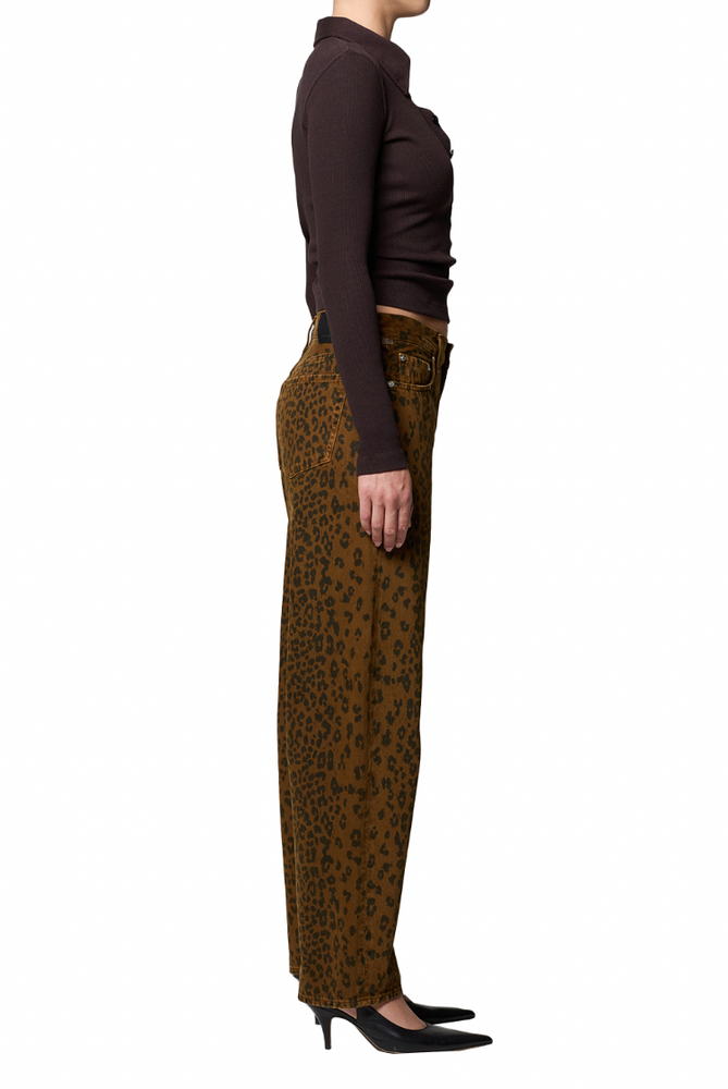 Women's barrel leg jeans in a dark brown cheetah print