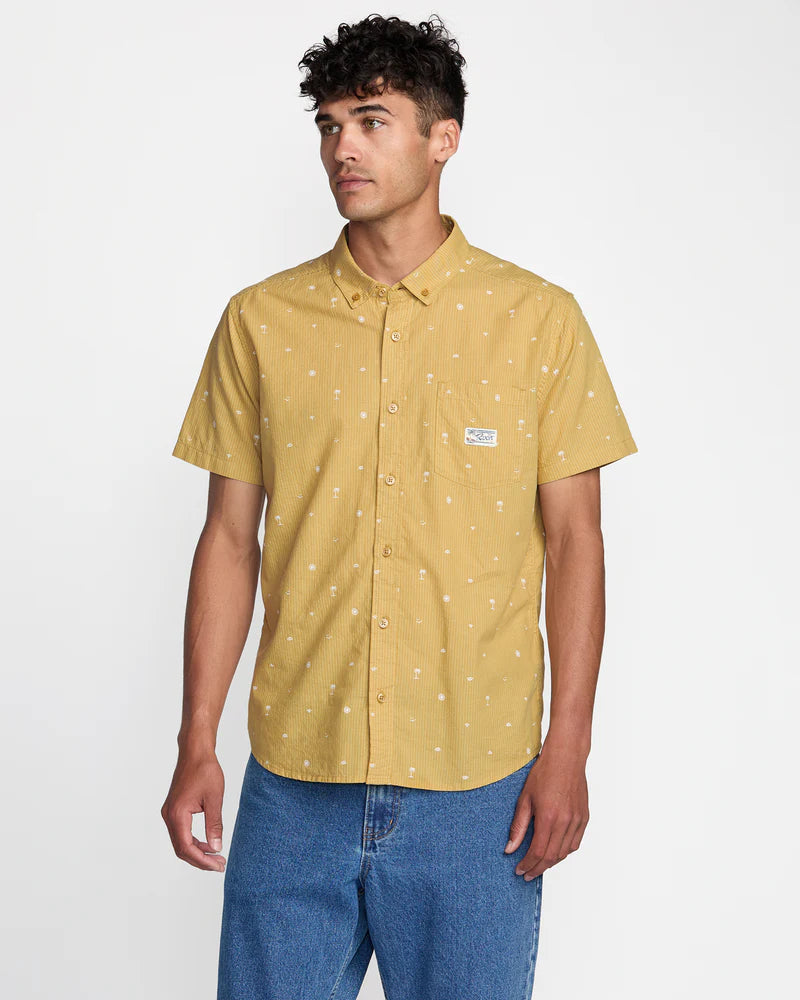 Look good in the RVCA Exotica Seersucker Short Sleeve Men's Shirt, now at Harbour Thread men's store in Burlington, VT. 