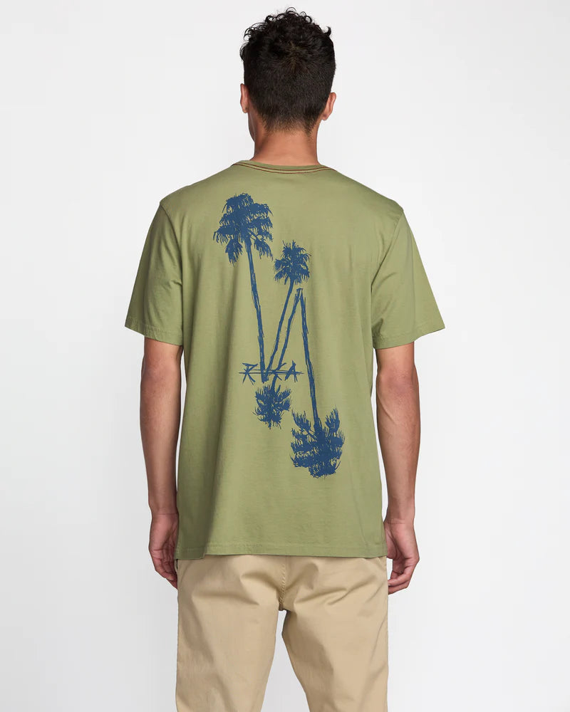 Men's green short sleeve t-shirt with custom RVCA back palm graphic