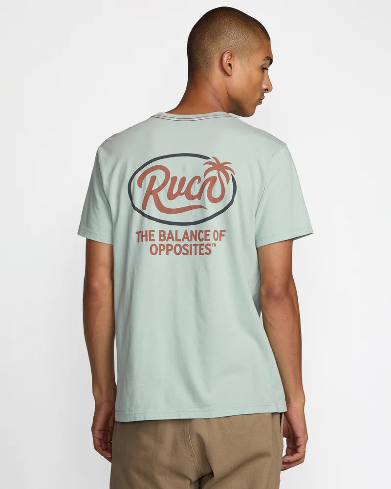 The Frond Script Short Sleeve Tee features a custom RVCA balance of opposites graphic