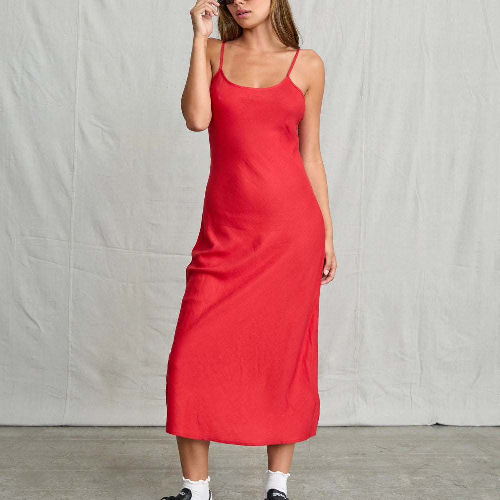 Enjoy endless ways to style the red hot RVCA Lets Dance Midi Slip Dress. Shop yours at Harbour Thread women's boutique in Burlington, VT!