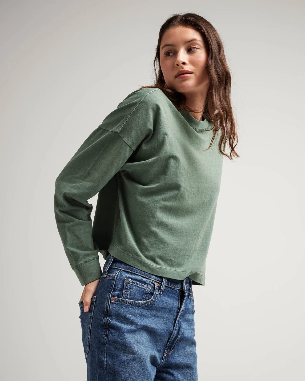 The Sage Leaf Relaxed Crop Long Sleeve Tee by Richer Poorer