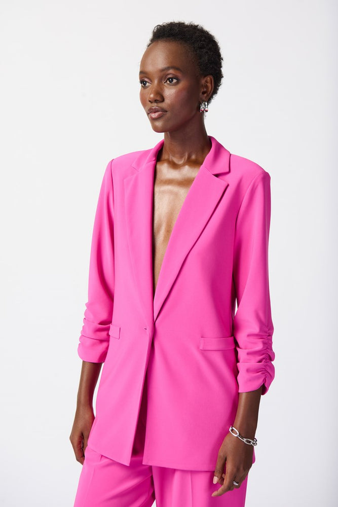 
                      
                        Front view of Joseph Ribkoff's Ultra PinkSilky Knit Blazer with Shirred Sleeves
                      
                    