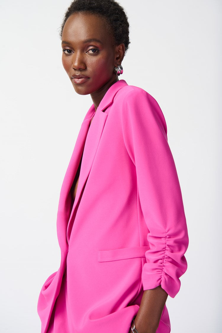 Side view of Joseph Ribkoff's Ultra PinkSilky Knit Blazer with Shirred Sleeves