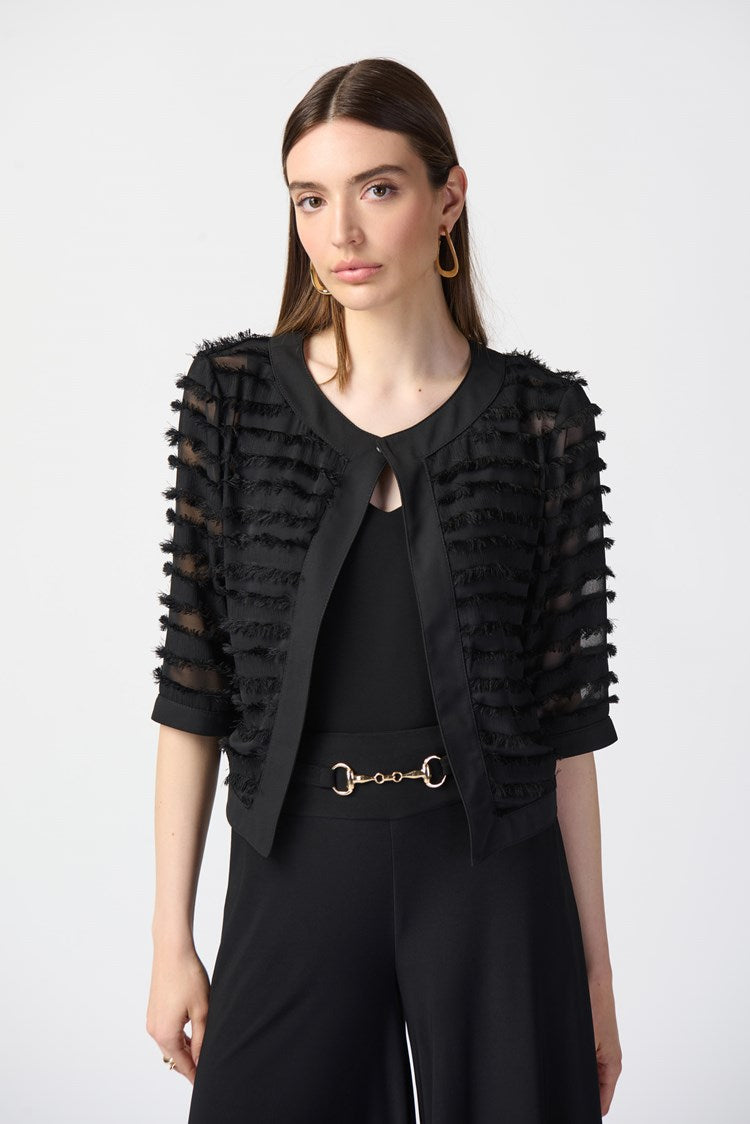 Front view of the Joseph Ribkoff Novelty and Georgette Fitted Jacket in the color Black