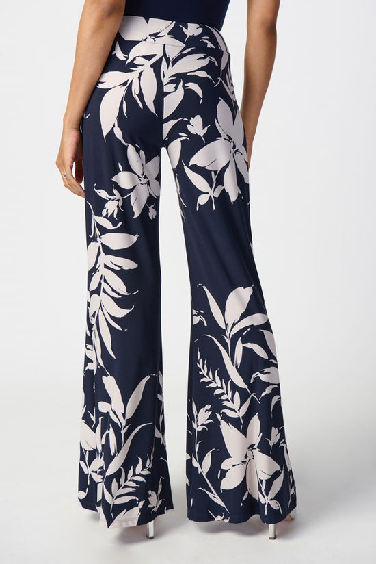 Back view of the blue and beige women's wide leg floral print pull on pants from Joseph Ribkoff