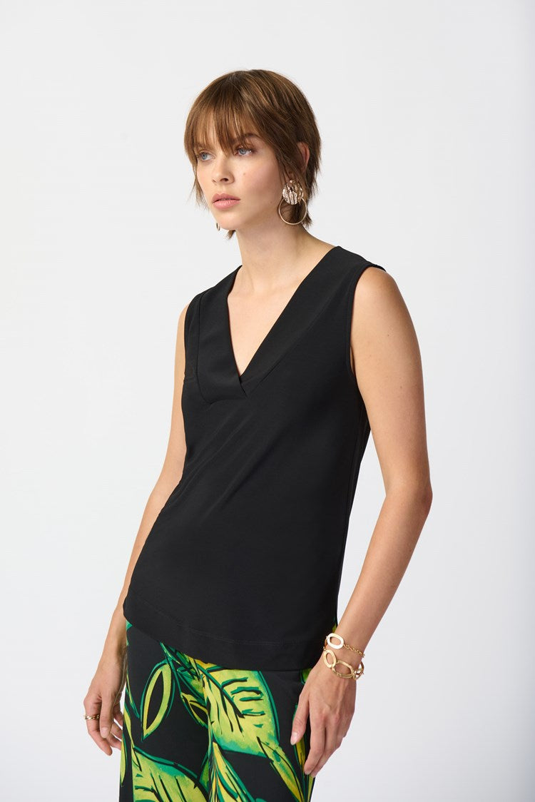 Front view of Joseph Ribkoff's Silky Knit Sleeveless Top in the color Black