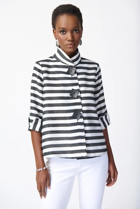 Front view of the Joseph Ribkoff Striped Jacquard Trapeze Jacket in the colors Black and Off White