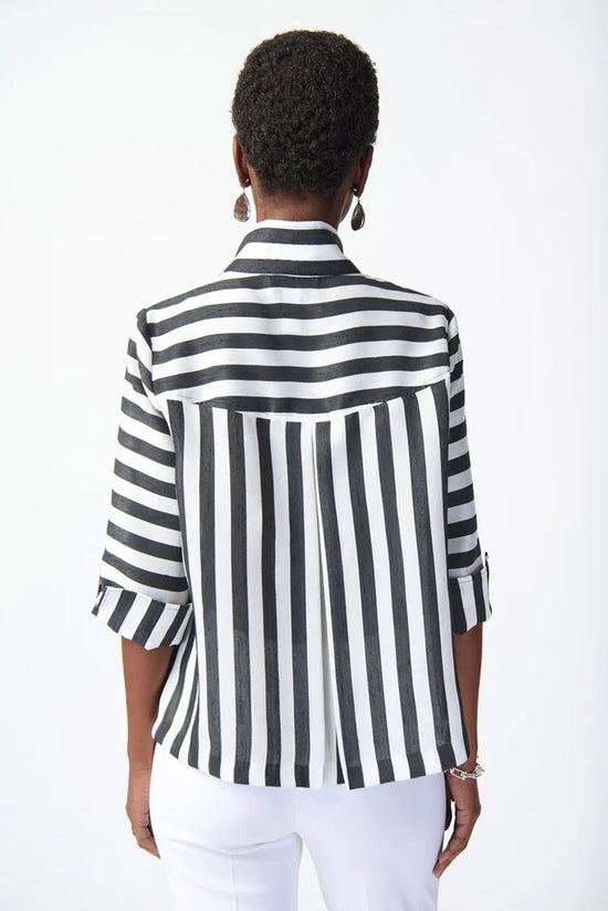 Back view of the Joseph Ribkoff Striped Jacquard Trapeze Jacket in the colors Black and Off White