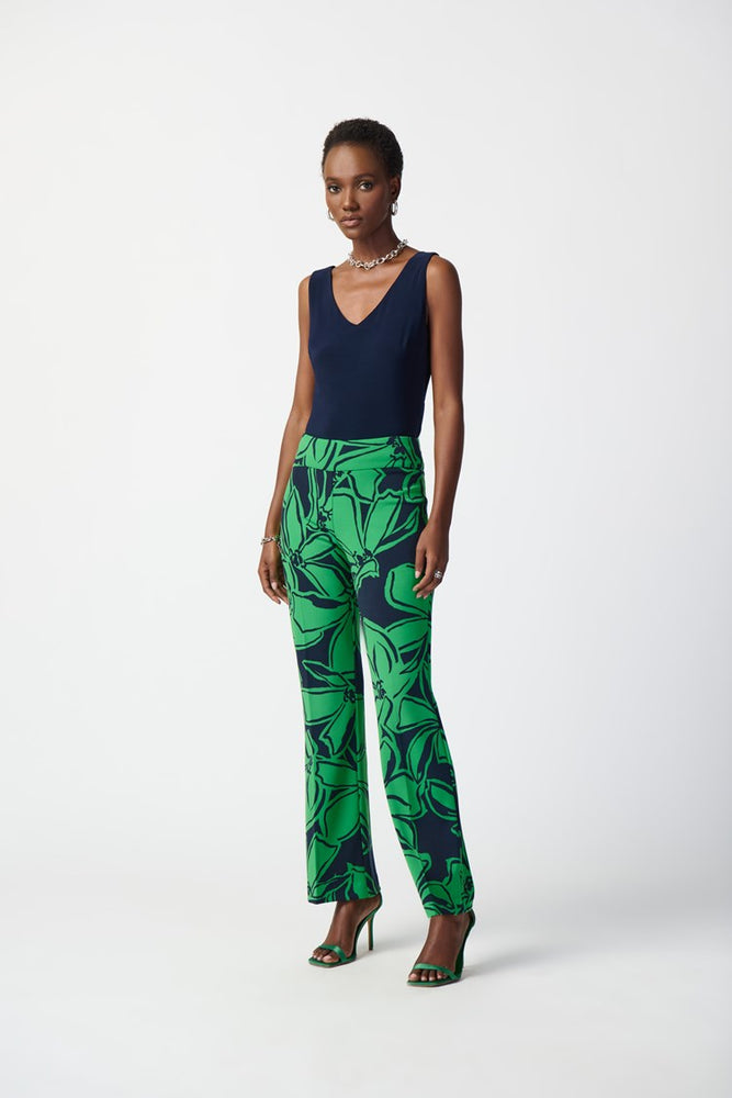 
                      
                        Front view of the blue and green Floral Print Silky Knit Pull-On Pants by Joseph Ribkoff
                      
                    