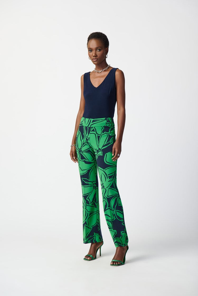 Front view of the blue and green Floral Print Silky Knit Pull-On Pants by Joseph Ribkoff