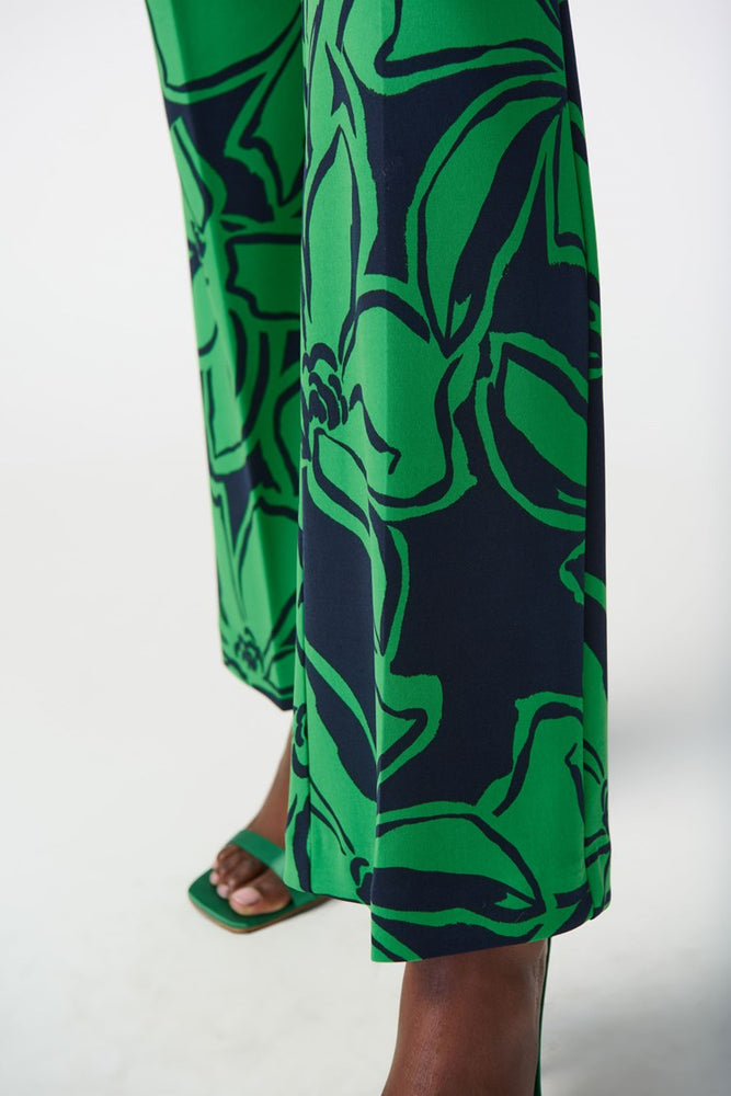 
                      
                        Closeup detail view of the blue and green Floral Print Silky Knit Pull-On Pants by Joseph Ribkoff
                      
                    