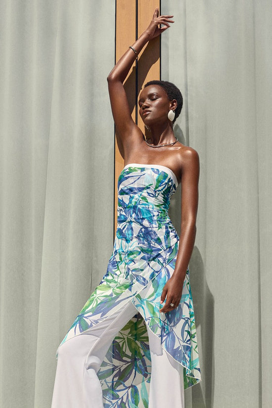 Front view of the Joseph Ribkoff Tropical Print Jumpsuit in the color Vanilla/Multi
