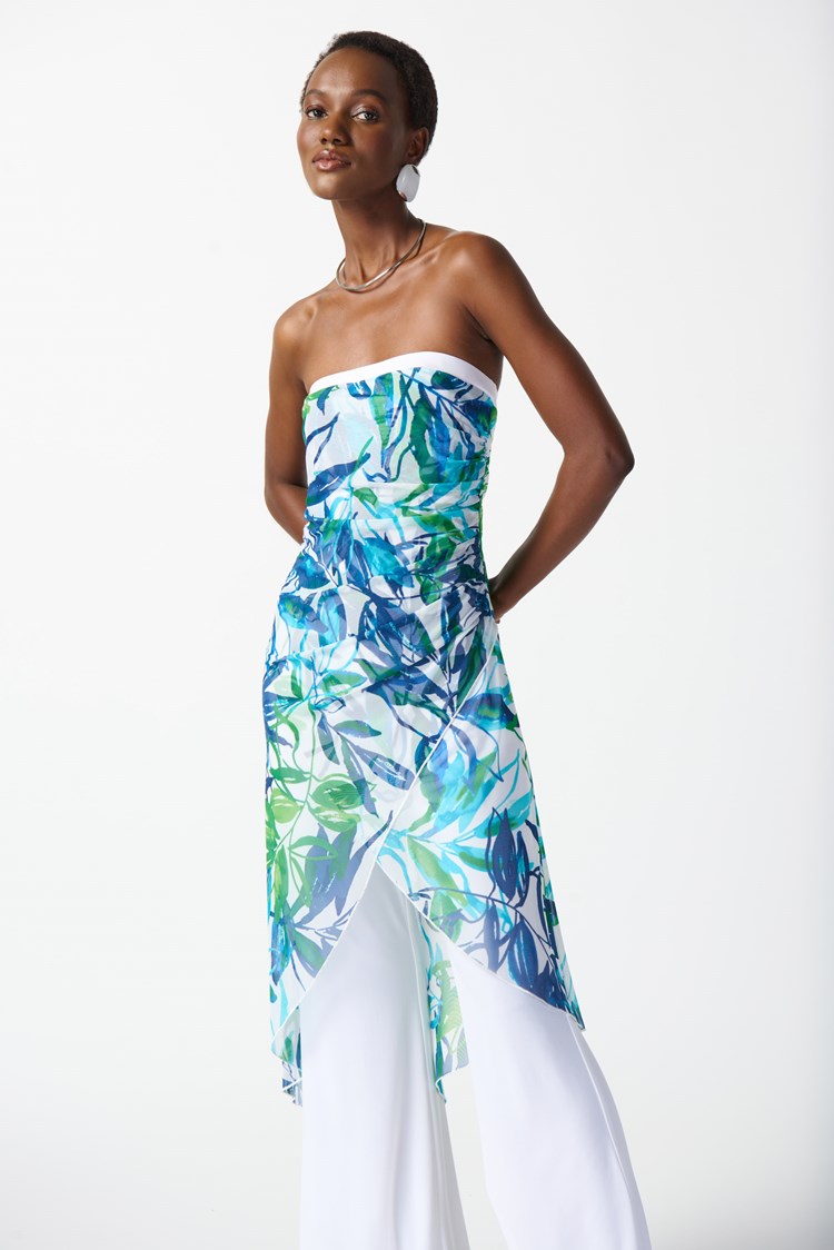 Front view of the Joseph Ribkoff Tropical Print Jumpsuit in the color Vanilla/Multi