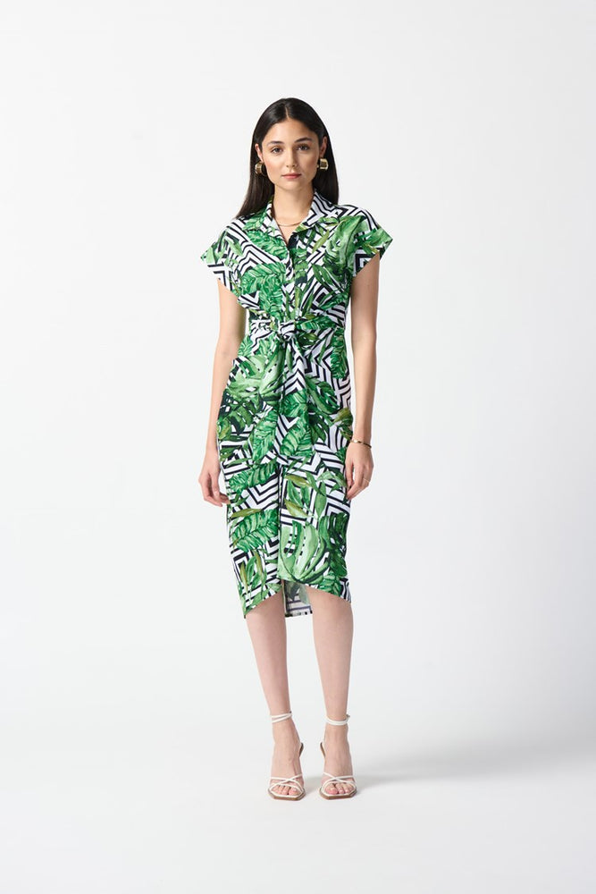 
                      
                        Front full length view of the tropical print woven shirt dress by Joseph Ribkoff
                      
                    