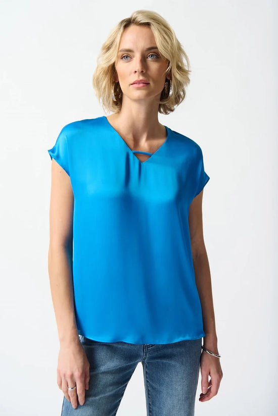 Front view of the Joseph Ribkoff Satin Short Sleeve Top in the color French Blue