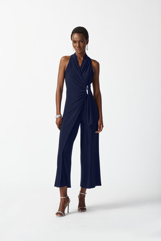 Joseph Ribkoff's Silky Knit Wrap Culotte Jumpsuit in the color Midnight Blue