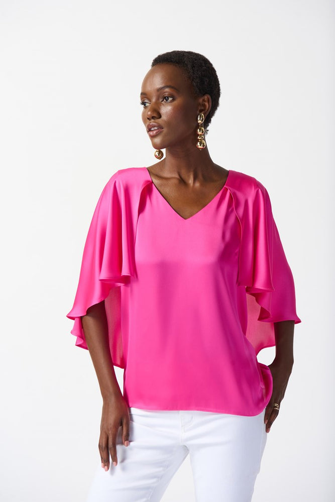 Front view of the Ultra Pink Satin Cape Top by Joseph Ribkoff