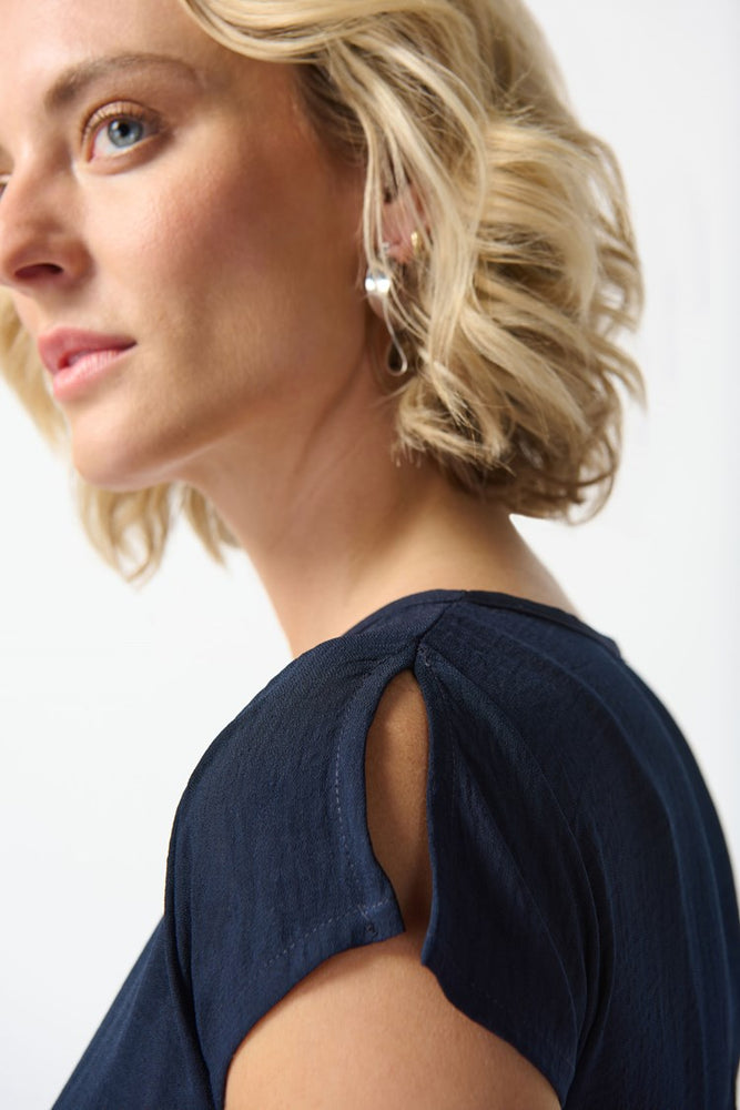 
                      
                        Sleeve detail on Joseph Ribkoff's Gauze A-Line Dress in the color Midnight Blue
                      
                    