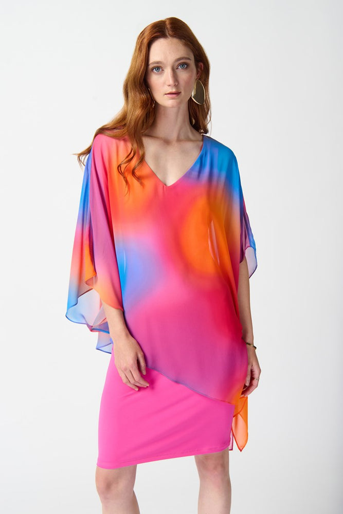 
                      
                        Front view of the Joseph Ribkoff Chiffon Multi-Colored Ombré Print Layered Poncho Dress
                      
                    