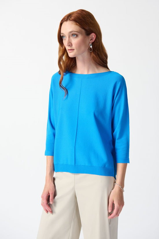 Front view of a woman wearing the Joseph Ribkoff Soft Viscone Yarn Pullover Sweater in the color French Blue