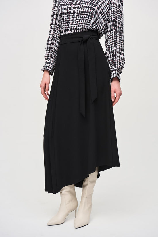 Front detail on the Black Woven Crepe Asymmetrical Skirt by Joseph Ribkoff