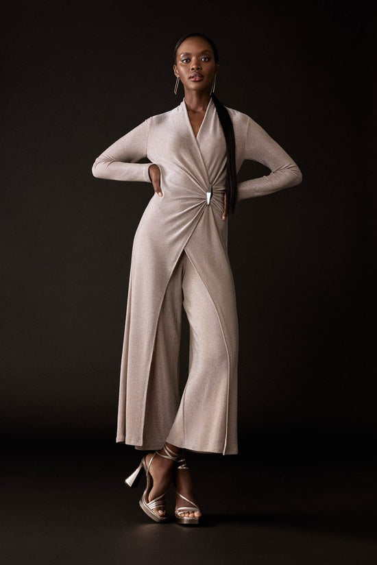 Front view of the Shiny Knit Wide Leg Jumpsuit by Joseph Ribkoff