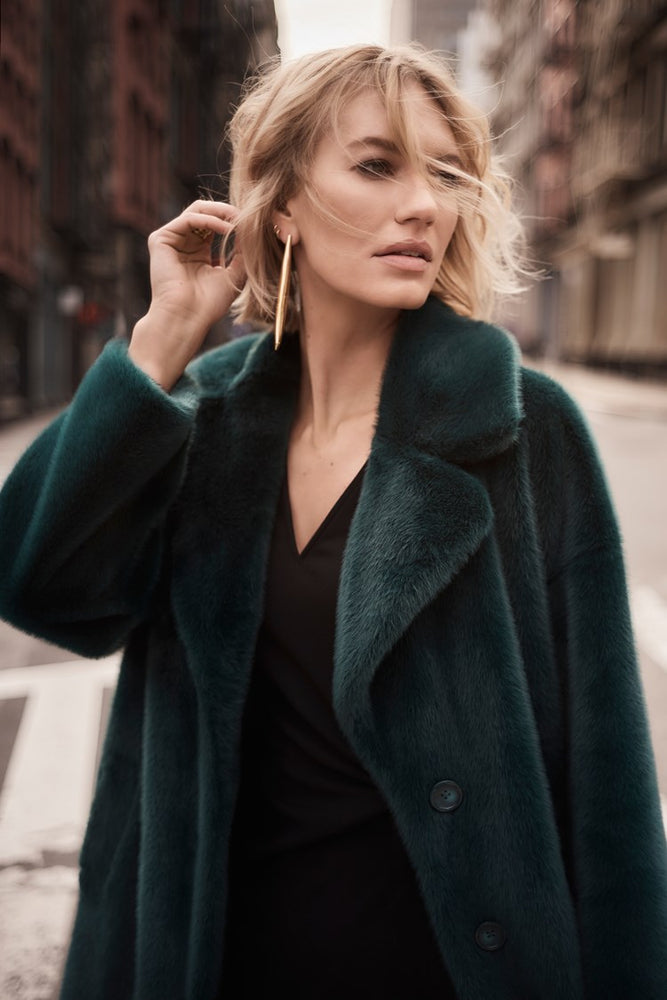 Front detail on the Absolute Green Faux Fur Straight Coat by Joseph Ribkoff