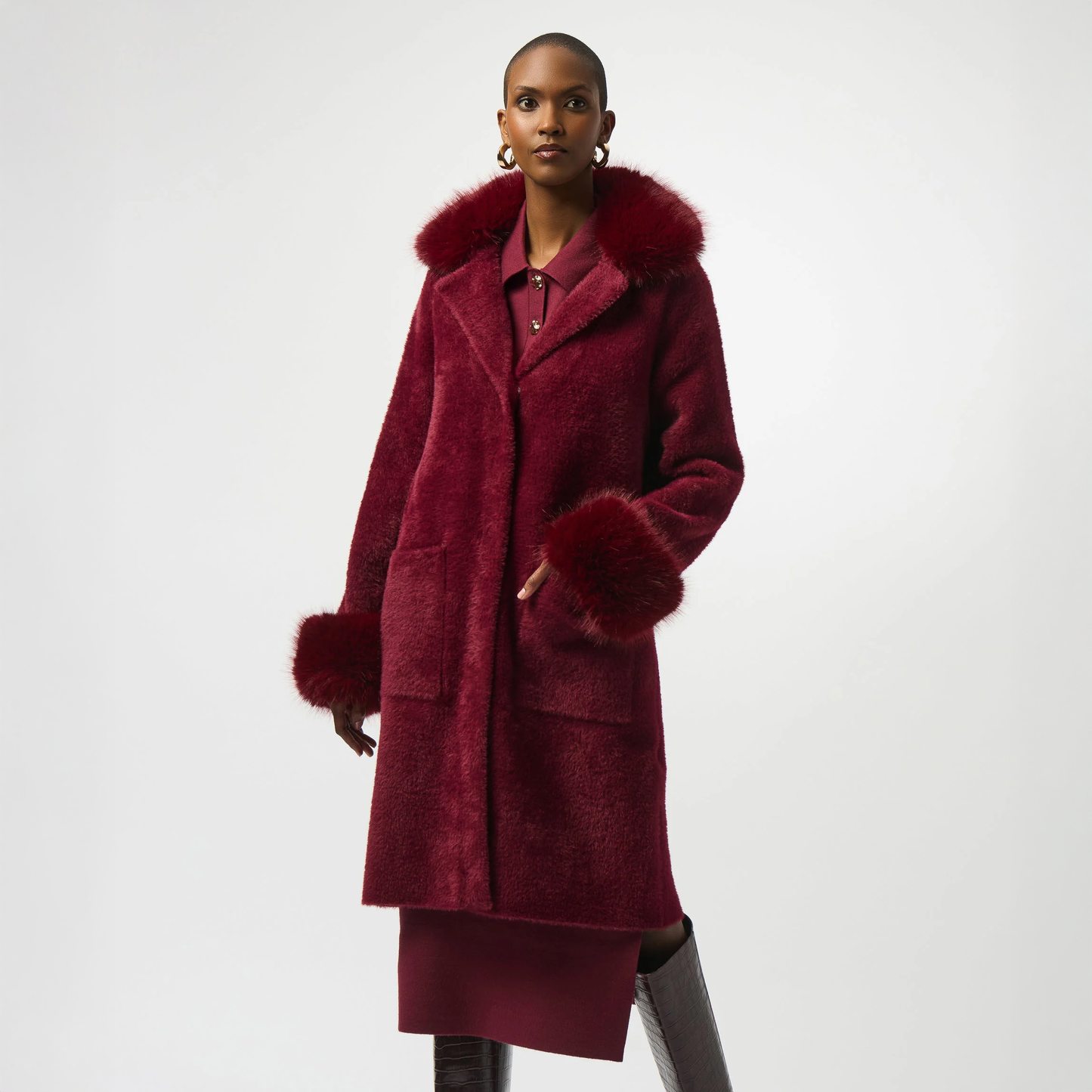 The Joseph Ribkoff Feather Yarn and Faux Fur Sweater Coat is at Harbour Thread in the color Merlot