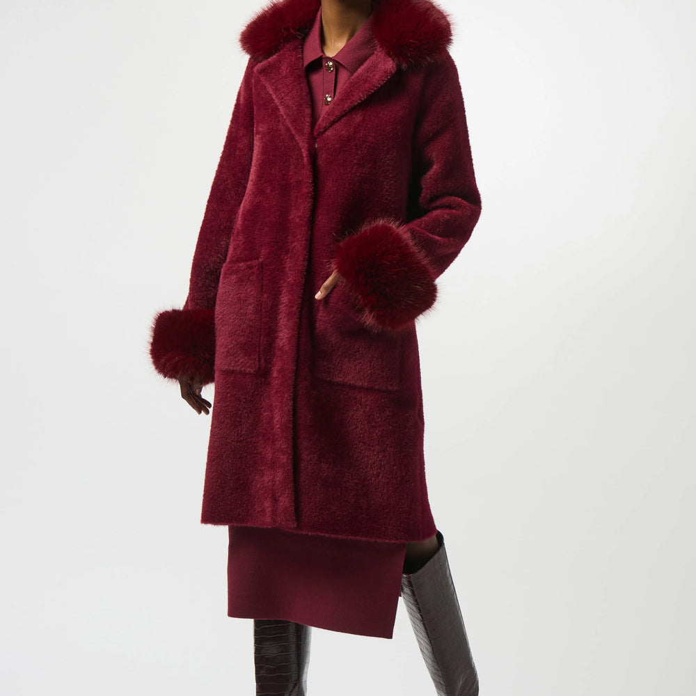 The Joseph Ribkoff Feather Yarn and Faux Fur Sweater Coat is at Harbour Thread in the color Merlot