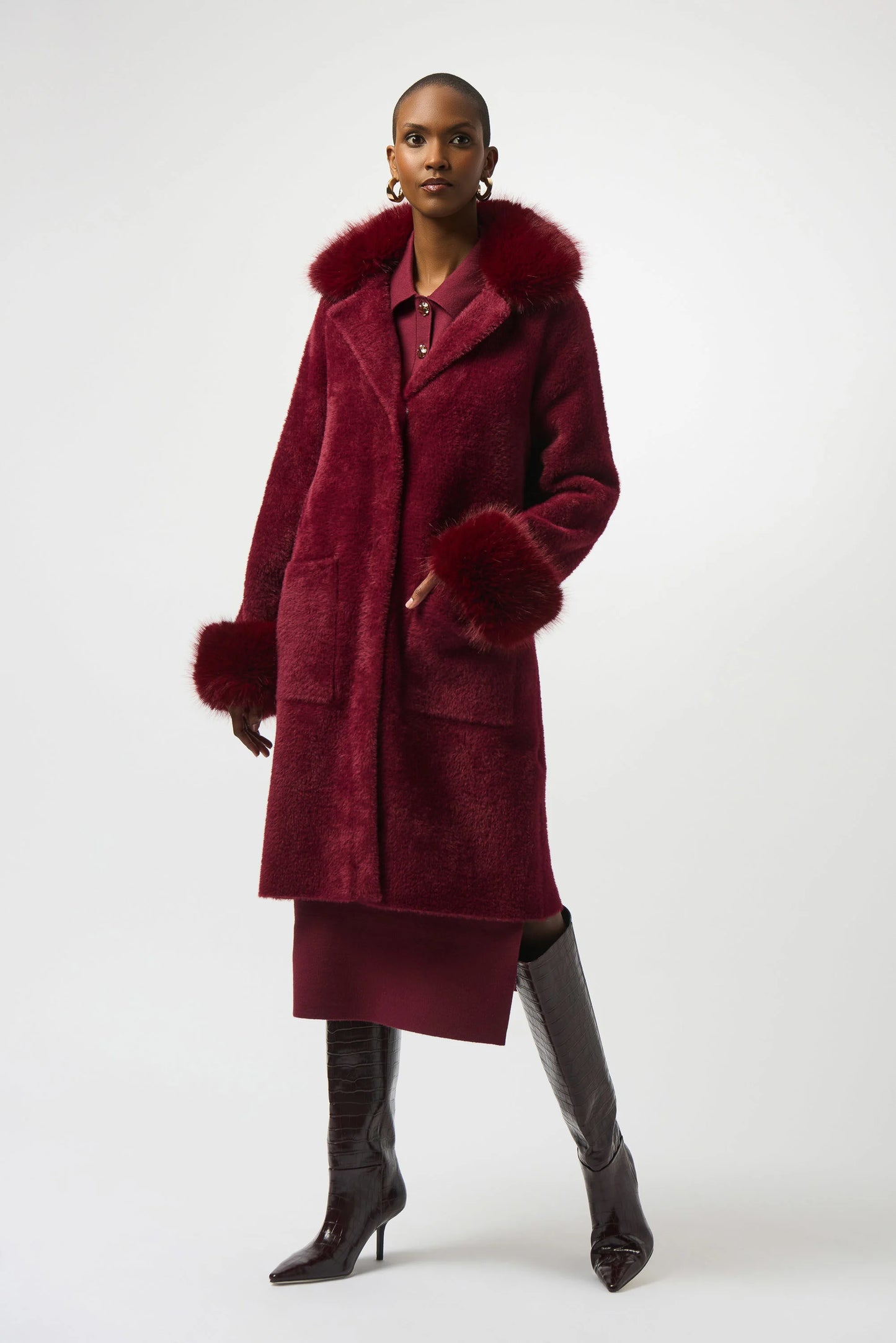The Joseph Ribkoff Feather Yarn and Faux Fur Sweater Coat is at Harbour Thread in the color Merlot