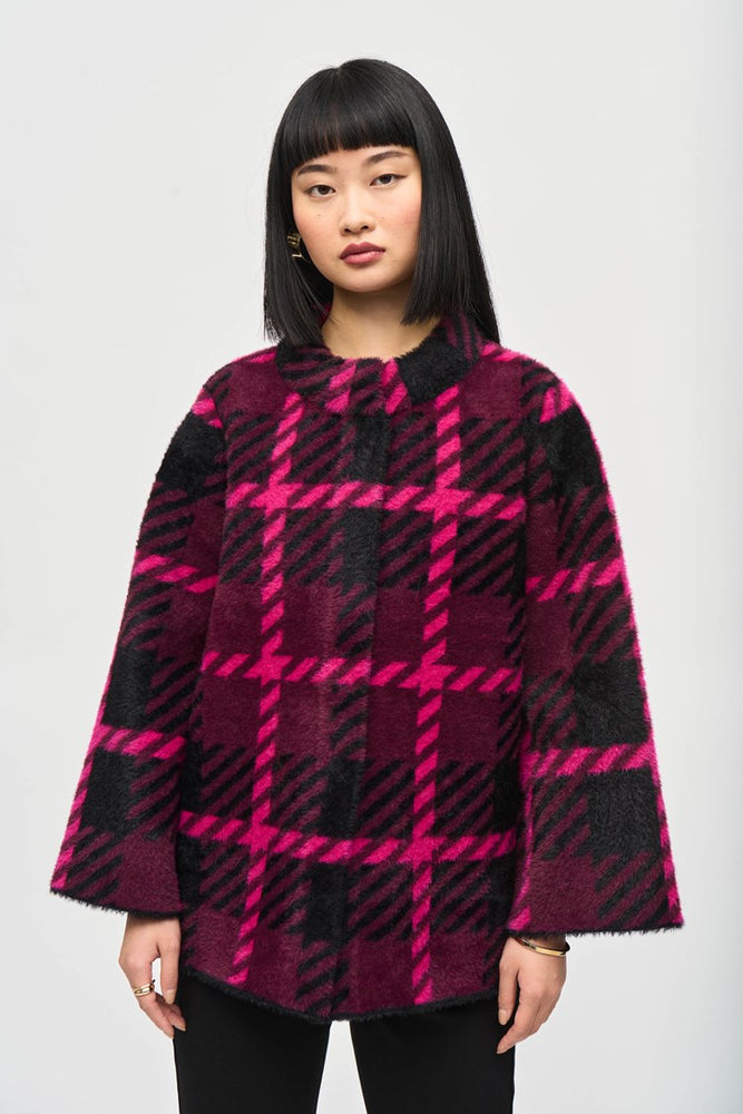 The Pink and Black Feather Yarn Jacquard Plaid Jacket by Joseph Ribkoff