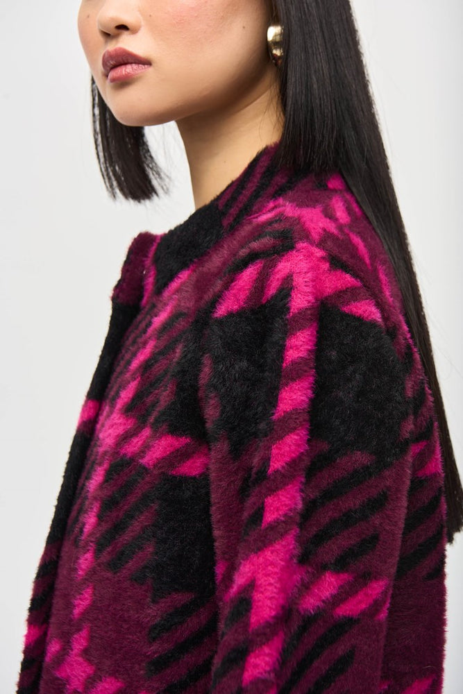 
                      
                        Design detail on the Pink and Black Feather Yarn Jacquard Plaid Jacket by Joseph Ribkoff
                      
                    