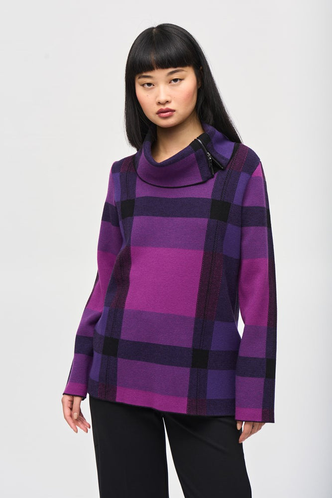 
                      
                        The Plaid Jacquard Cowl Neck Sweater by Joseph Ribkoff in the color Empress, Mystic and Black
                      
                    