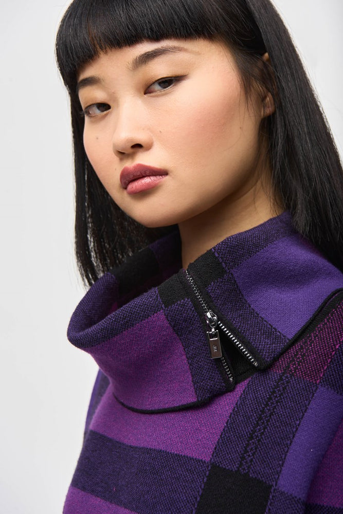 
                      
                        Neckline design detail on the Plaid Jacquard Cowl Neck Sweater by Joseph Ribkoff in the color Empress, Mystic and Black
                      
                    