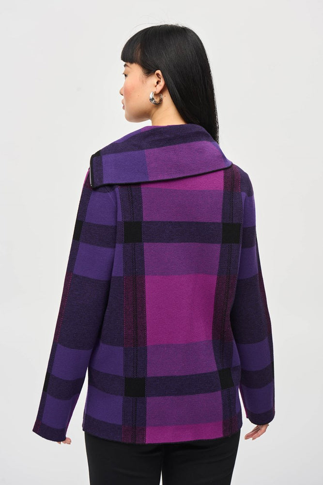 
                      
                        Back view of the Plaid Jacquard Cowl Neck Sweater by Joseph Ribkoff in the color Empress, Mystic and Black
                      
                    