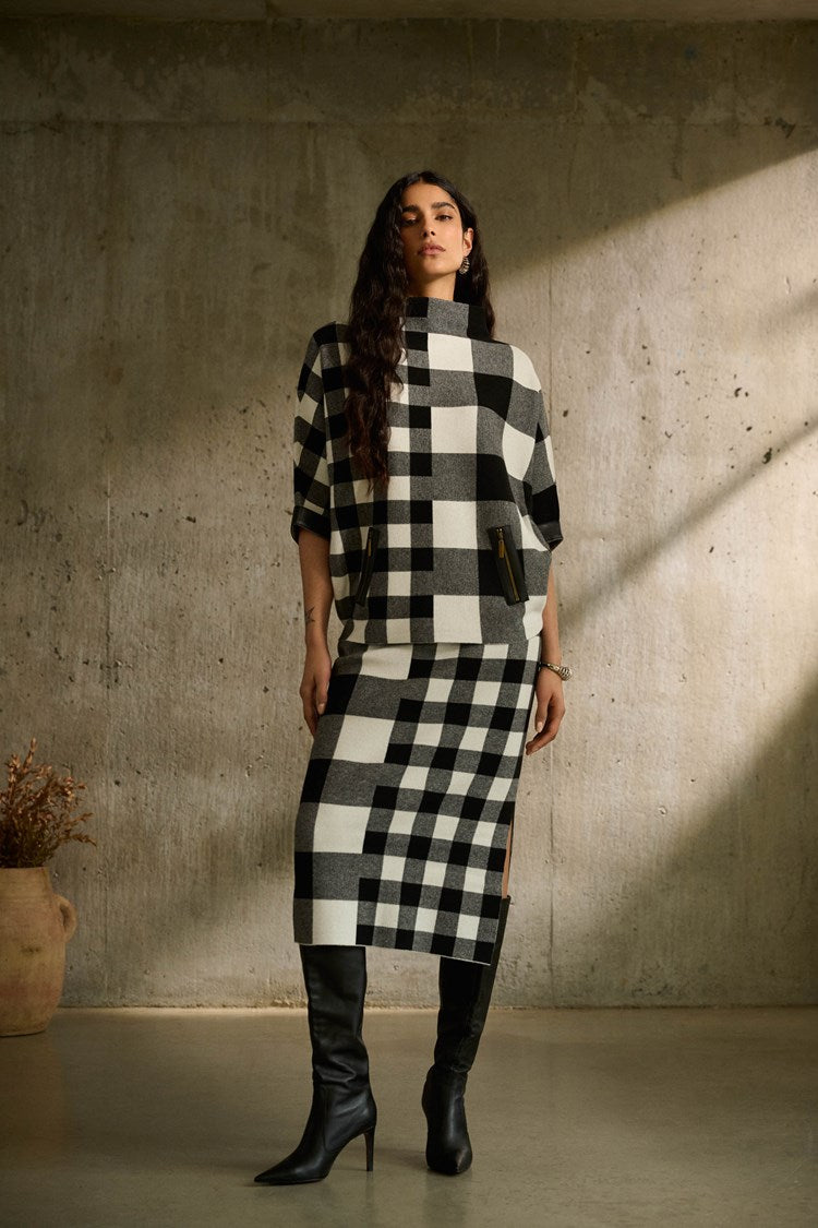 Woman modeling the Plaid Jacquard Knit Skirt by Joseph Ribkoff