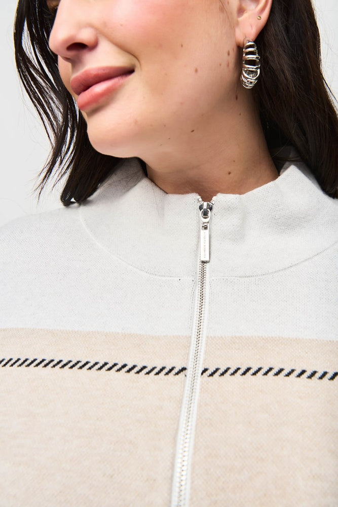 Front zip up design detail on the Three-Tone Colorblock Jacquard Knit Cover-Up by Joseph Ribkoff