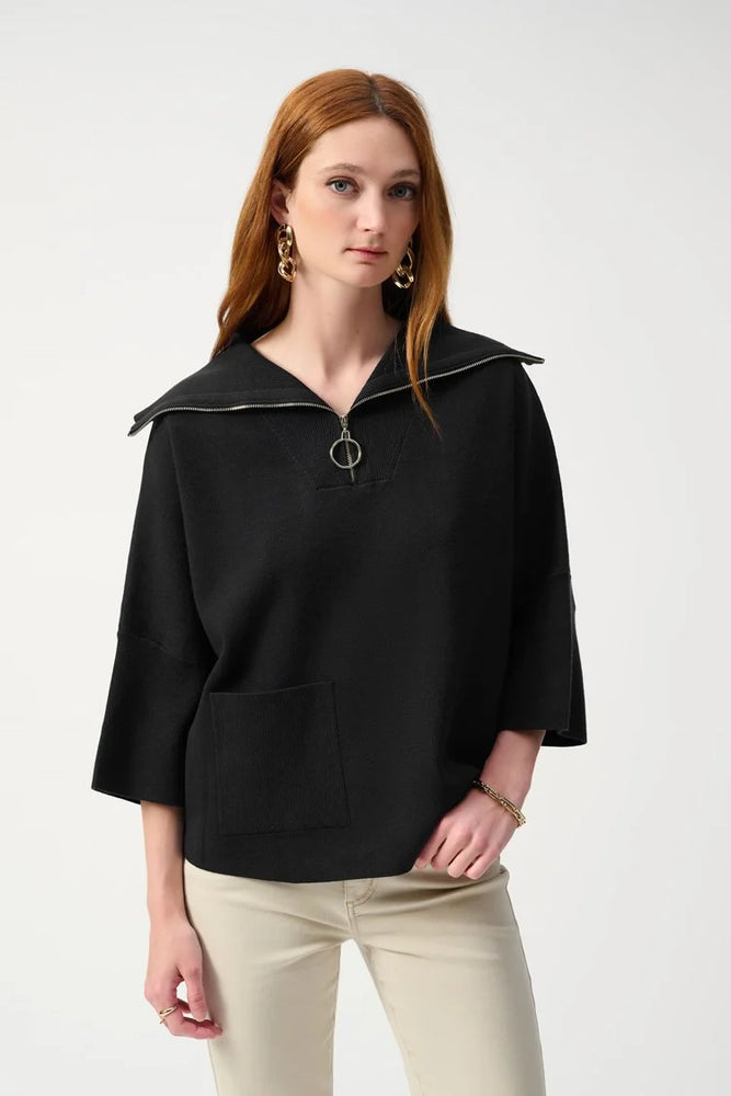 This sophisticated sweater from Joseph Ribkoff features a boxy silhouette with three-quarter bell sleeves and a zipped collar.