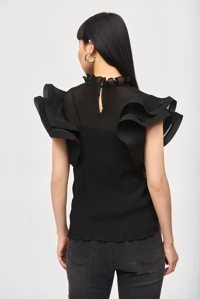 Back view of the Black Chiffon Pleated Top With Ruffled Sleeves by Joseph Ribkoff