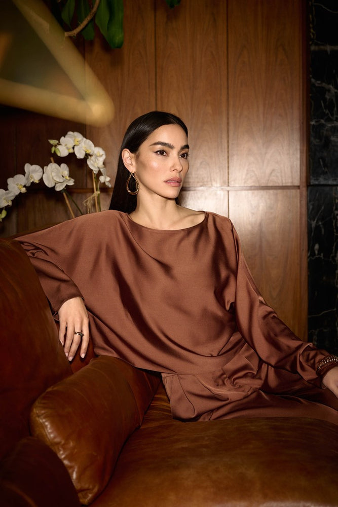 Woman wearing the Chestnut Satin Boxy Top by Joseph Ribkoff